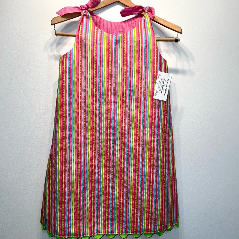 NEW Girl Handmade Candy Stripe & Pink Cotton Reversible Seersucker Sundress Sz 8